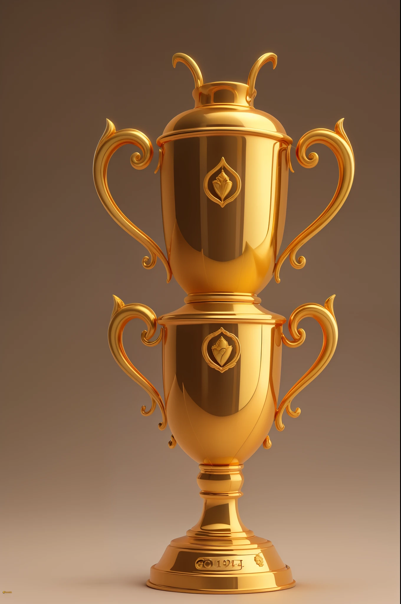 A golden trophy shining brightly, with exquisite and glorious details, showcasing a rich texture and a noble elegance. The trophy reflects a mix of light and shadows, exuding an artistic flair in its realistic 3D rendering.