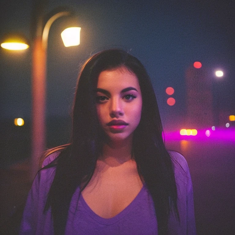 HD, high quality, city, analogic, film, nocturn, neon, lights, sexy female model, perfect face, fog, black and purple lighting