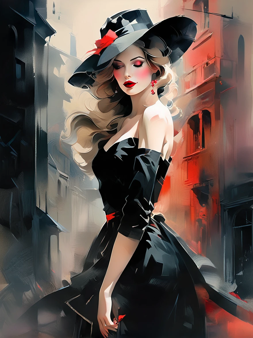 chiaroscuro technique on  illustration of an elegant , retro and vintage ,arafed woman with red lips and a black hat posing for a picture, wearing black dress and hat, sexy lips :5 stylish, sexy face with full makeup, by Wayne England, thick red lips, beautiful witch with long hair, sexy red lips, wearing black old dress and hat, mysterious glamour, matte painting, by Hannah Dale, by Harumi Hironaka, extremely soft colors, vibrant, pastel, highly detailed, digital artwork, high contrast, dramatic, refined, tonal, golden ratio