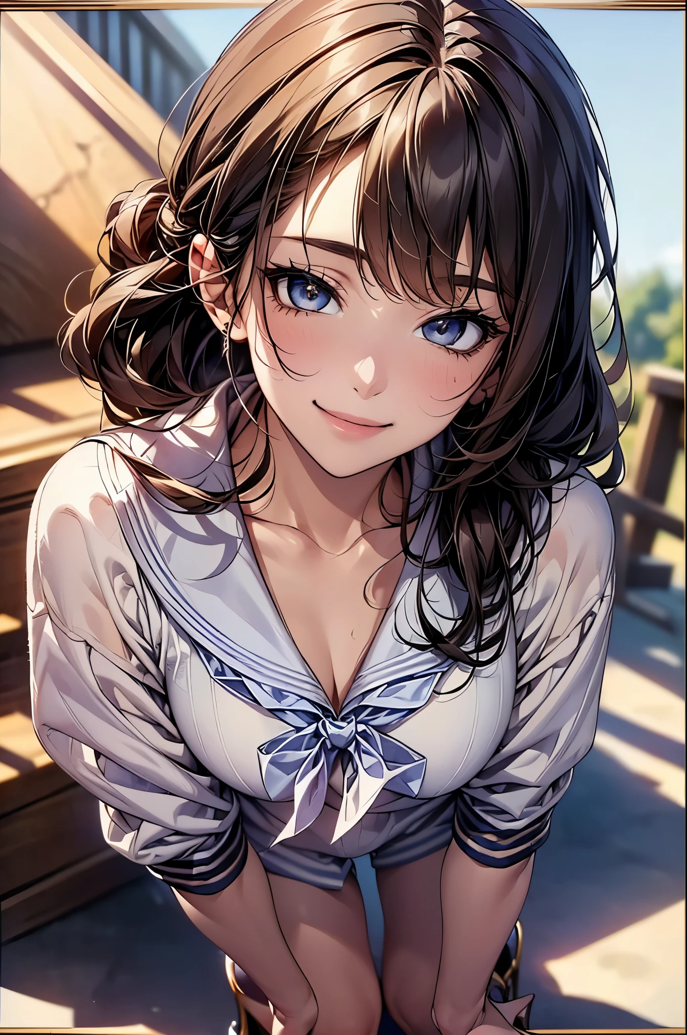 ((Biologically correct limb count))、(( The whole body including the legs and face))、4K、Masterpiece、((Focus on the face))、((Symmetrical, well-proportioned facial features))、Eyes with delicate depictions、(((1 person)))、Beautiful woman、Outstanding style、Slender Body、(High heels with anklets)、(((Sailor suit))、(((White frame photo)))、Low - Angle、(Shy、smile）、Upper body close-up、(Looking up)