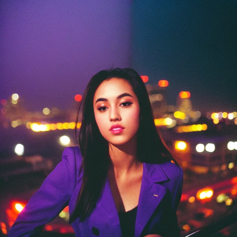 HD, high quality, city, analogic, film, nocturn, neon, lights, sexy female model, perfect face, fog, black and purple