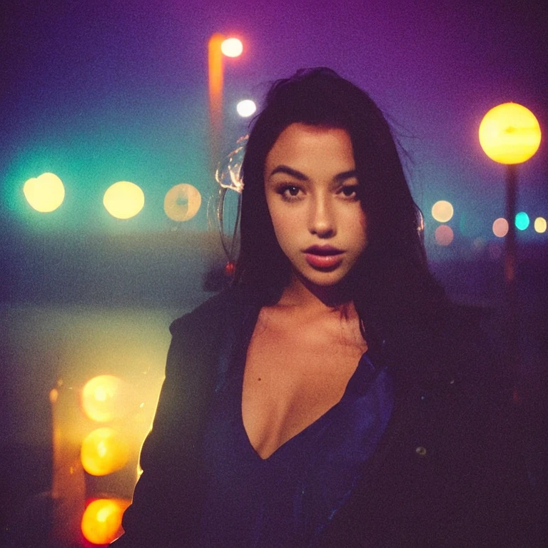 HD, high quality, city, analogic, film, nocturn, neon, lights, sexy female model, perfect face, fog, black and purple