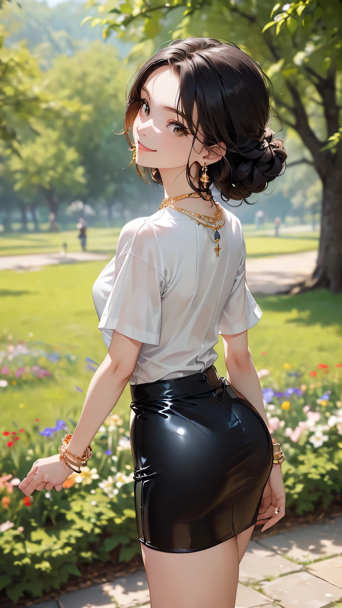 ((Biologically correct limb count))、((Full Body Shot, Full-body photo including face、Head to toe photos))、4K、masterpiece、((Focus on the face))、((Symmetrical facial features))、Eyes of meticulous depiction、Beautiful woman、Excellent style、Beautiful feet、(Black Stockings、High heels with anklets)、Facial detailing、Small earrings、necklace、((Close-up photo of the upper body))、(Latex shirts、Latex skirt)、Scenery of a park with seasonal flowers in full bloom、Low - Angle、(smile)、