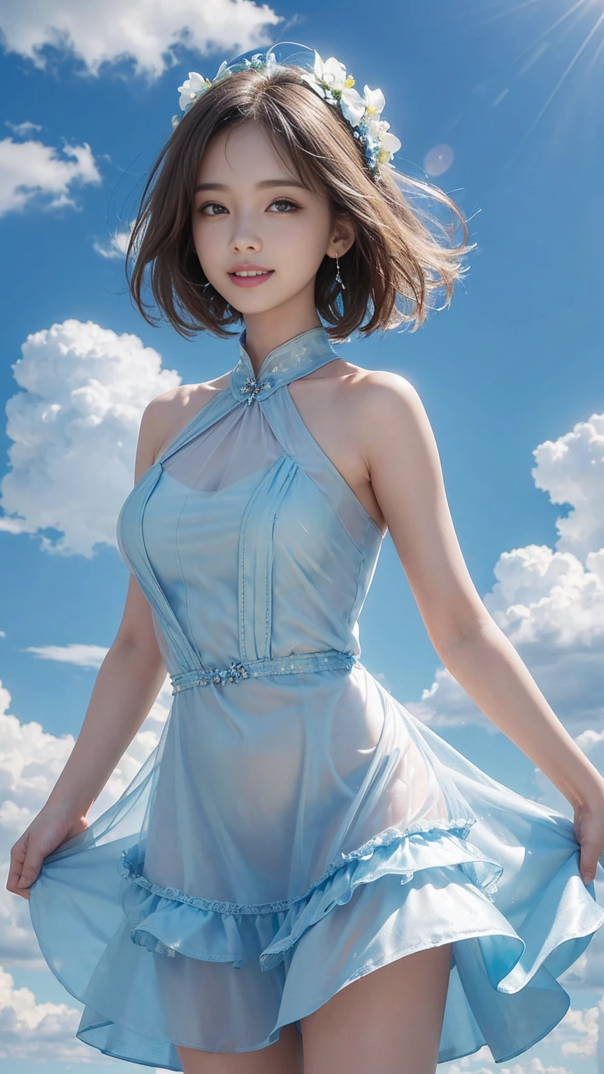 ((highest quality, 8,000 people, masterpiece:1.3)), A 27-year-old sexy woman、concentrate: 1.2, B West, Perfect body beauty: 1.4, ((Layered Haircut:1.2)), (orbit), Highly detailed face and skin texture, White skin, whole body, Look at that, The gap is large., ,Beautiful medium breasts, smile, Beautiful teeth, sweet, blue sky, blue sky, Crushing the Clouds, (Translucent dress), (Wearing a sleeveless short dress)、Layout from above the knee、(Large, rounded eyes and face)、What a lovely smile