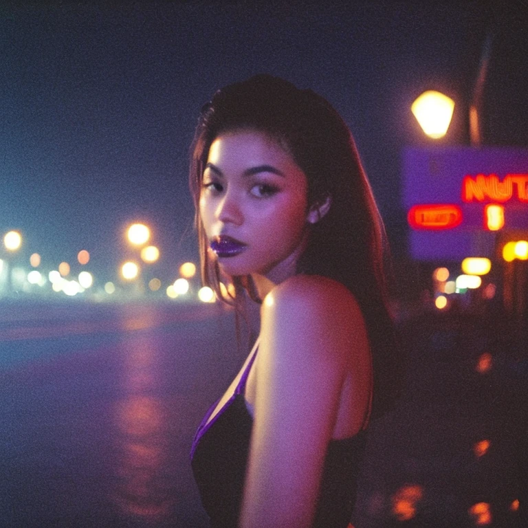HD, high quality, city, analogic, film, nocturn, neon, lights, sexy female model, perfect face, fog, black and purple