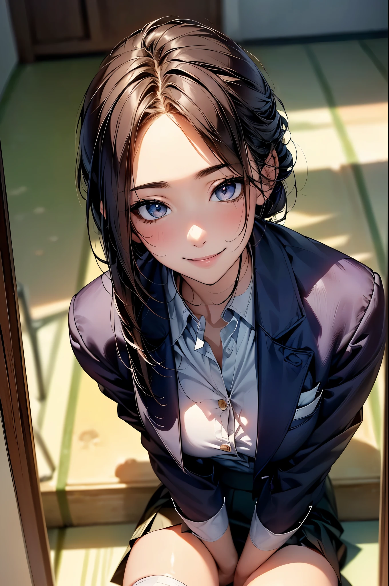 ((Biologically correct limb count))、(( The whole body including the legs and face))、4K、Masterpiece、((Focus on the face))、((Symmetrical, well-proportioned facial features))、Eyes with delicate depictions、(((1 person)))、Beautiful woman、Outstanding style、Slender Body、(High heels with anklets)、(((Jacket、blazer、shirt、skirt、stockings))、(((White frame photo)))、Low - Angle、(Shy、smile)、Upper body close-up、(Looking up)