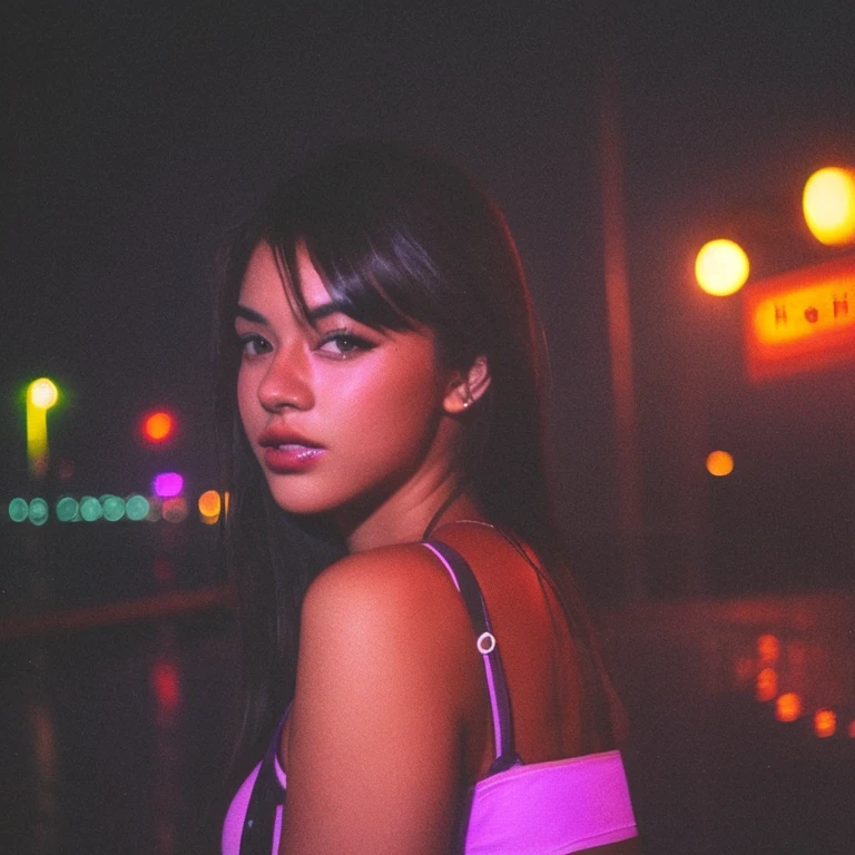 HD, high quality, city, analogic, film, nocturn, neon, lights, sexy female model, perfect face, fog, black and purple lighting