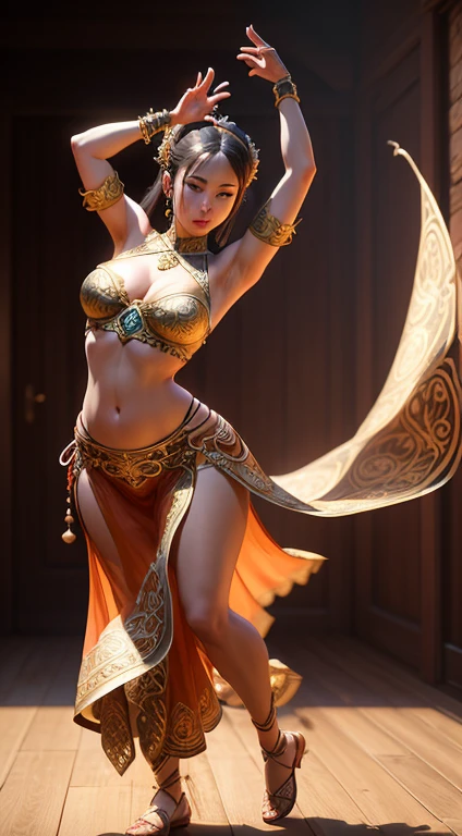 arafed woman in a costume is dancing on a wooden floor, gracefully belly dancing pose, intricate wlop, 8k high quality detailed art, beautiful render of tang dynasty, zbrush art, belly dancing, zbrush 3 d render, zbrush render, art nouveau octane render, unreal engine render + a goddess