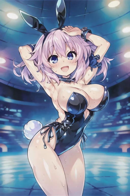 (((masterpiece))), ((highest quality)), ((Very detailed)), ((High resolution)), ((8k)), ((Anatomically correct)), One Woman, Big Breasts, Short Hair, (he is short), Very cute woman, delicate, Charming smile, Light pink hair, Lilac eyes, Bright Eyes, Big Eyes, Best moment, Vivid eyes, Beautiful Skin, Cute face, delicateな腕, Detailed skin texture, Intricate details, Very detailedな顔, Beautiful Eyes, Beautiful curves, View your viewers, Beautiful thighs, Sweating, Casino venue at night, Looking up, Open your mouth, blush, Date with a lover, Wink with your right eye, A big smile, Beautiful standing posture, Model standing, ((Bunny girl)), (Fake rabbit ears head dress), (Lower your arms),