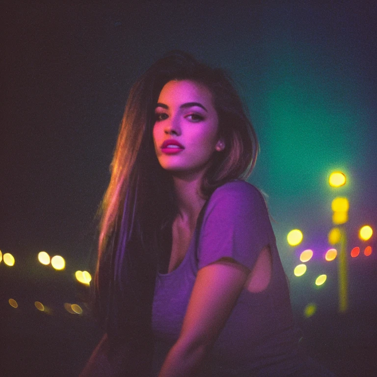 HD, high quality, city, analogic, film, nocturn, neon, lights, sexy female model, perfect face, fog, black and purple lighting