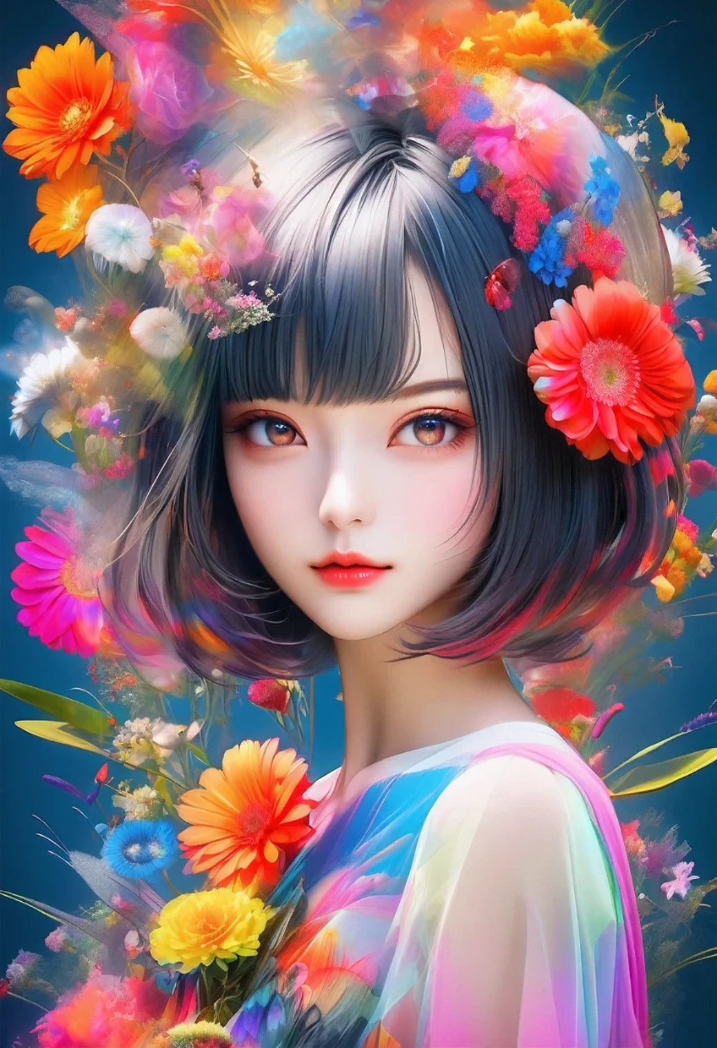 multiple exposure, raw photo:1.2, masterpiece, highest quality, 16k, unbelievably absurd, very detailed, perfect beauty, Colorful and gorgeous flowers fill the screen, beautiful cute girl, in a beautiful posing, modern sauvage bob hair, through bangs,raw photo, portrait, vibrant colors