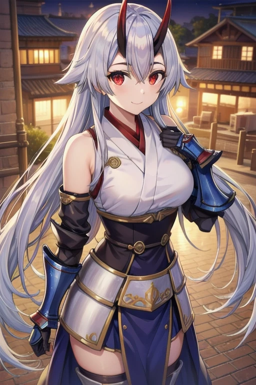 Masterpiece, best quality, tomoe gozen, torino style, 1person, adult, red eyes, cute smile, hair between eyes, silver hair, very long hair, oni horns, looking at viewer, armor plate, skirt, armored skirt, gauntlets