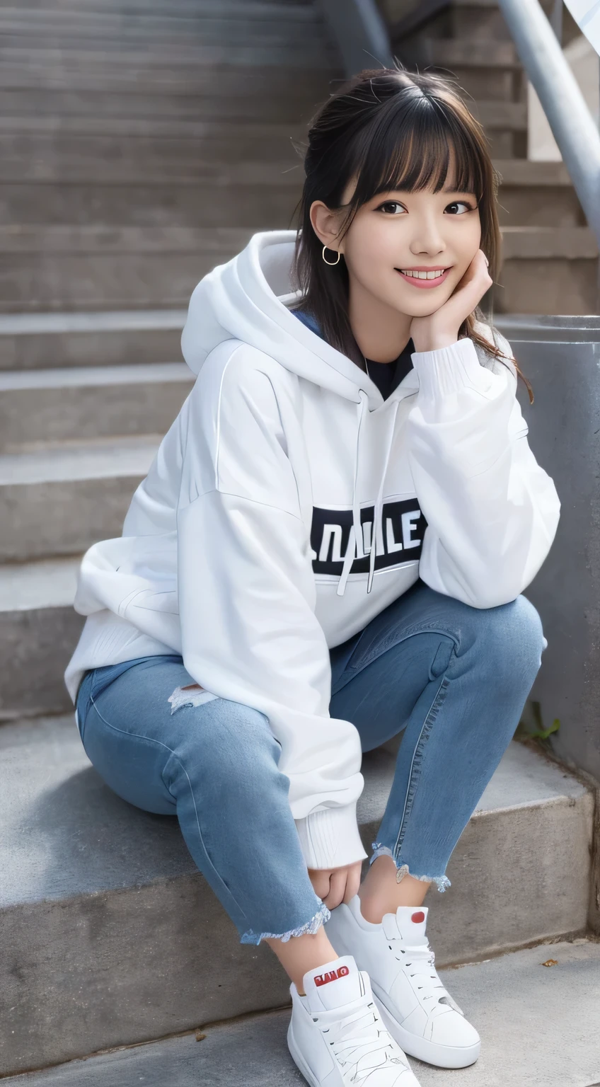 highest quality, Realistic, Very detailed, Finer details, High resolution, 8k wallpaper, One beautiful woman,Sit on the stairs、(Wear black socks)smile、(Beautiful teeth alignment、)(Gums are visible) Oversized hoodie, Skinny jeans,( Black sneakers)、Black Hair、 Beautiful Bangs、ear piercing、Perfect dynamic composition, Beautiful and detailed, Full Body Shot, A big smile
