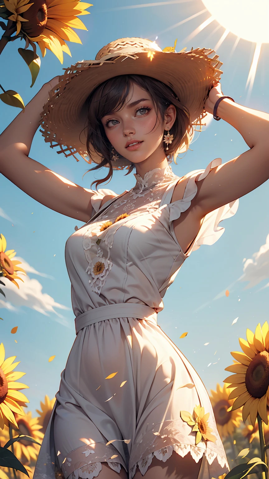 Send it,One girl,alone, (White lace dress:1.2),loose fitting dress (sun visor hat:1.2), Sunflower field, Under the sunlight, A light smile,View your viewers, Wind, dynamic, Strong light and shadow,dynamic pose,