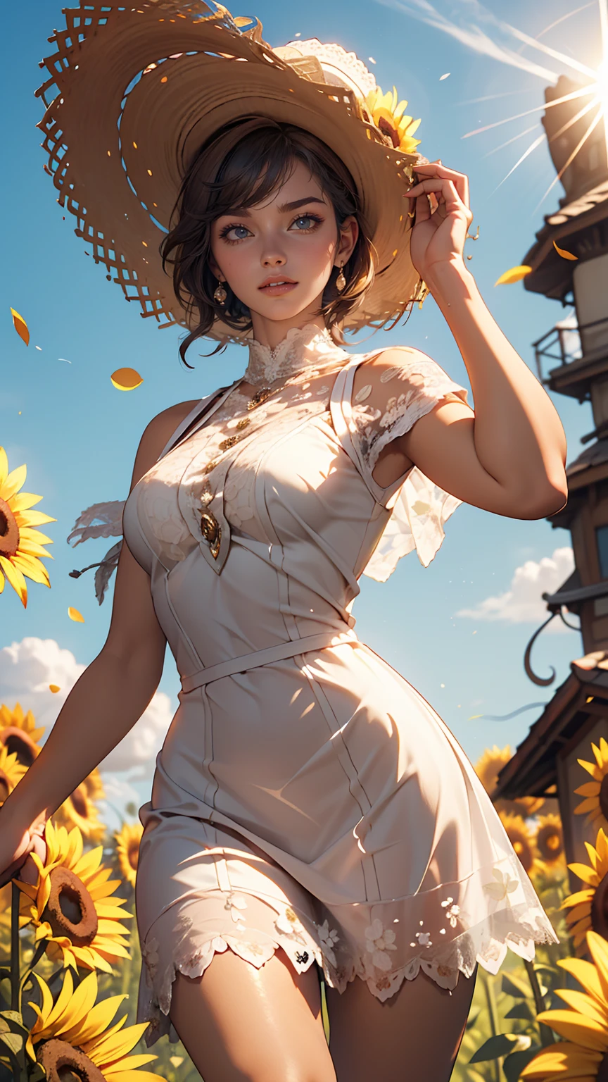 Send it,One girl,alone, (White lace dress:1.2),loose fitting dress (sun visor hat:1.2), Sunflower field, Under the sunlight, A light smile,View your viewers, Wind, dynamic, Strong light and shadow,dynamic pose,