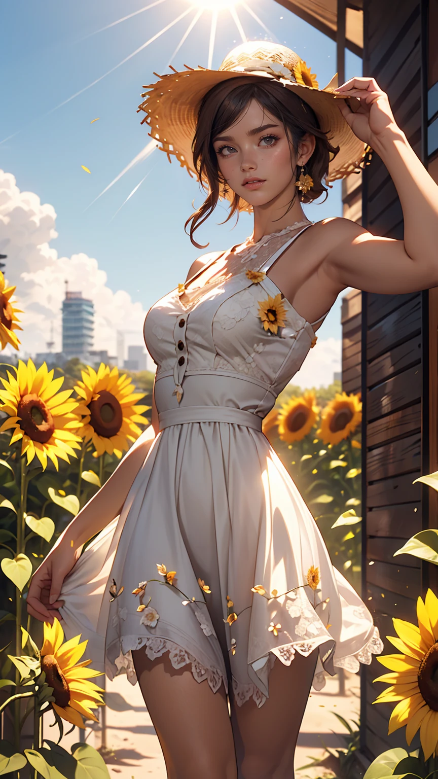 Send it,One girl,alone, (White lace dress:1.2),loose fitting dress (sun visor hat:1.2), Sunflower field, Under the sunlight, A light smile,View your viewers, Wind, dynamic, Strong light and shadow,dynamic pose,