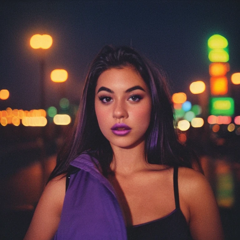 HD, high quality, city, analogic, film, nocturn, neon, lights, sexy female model, perfect face, fog, black and purple lighting