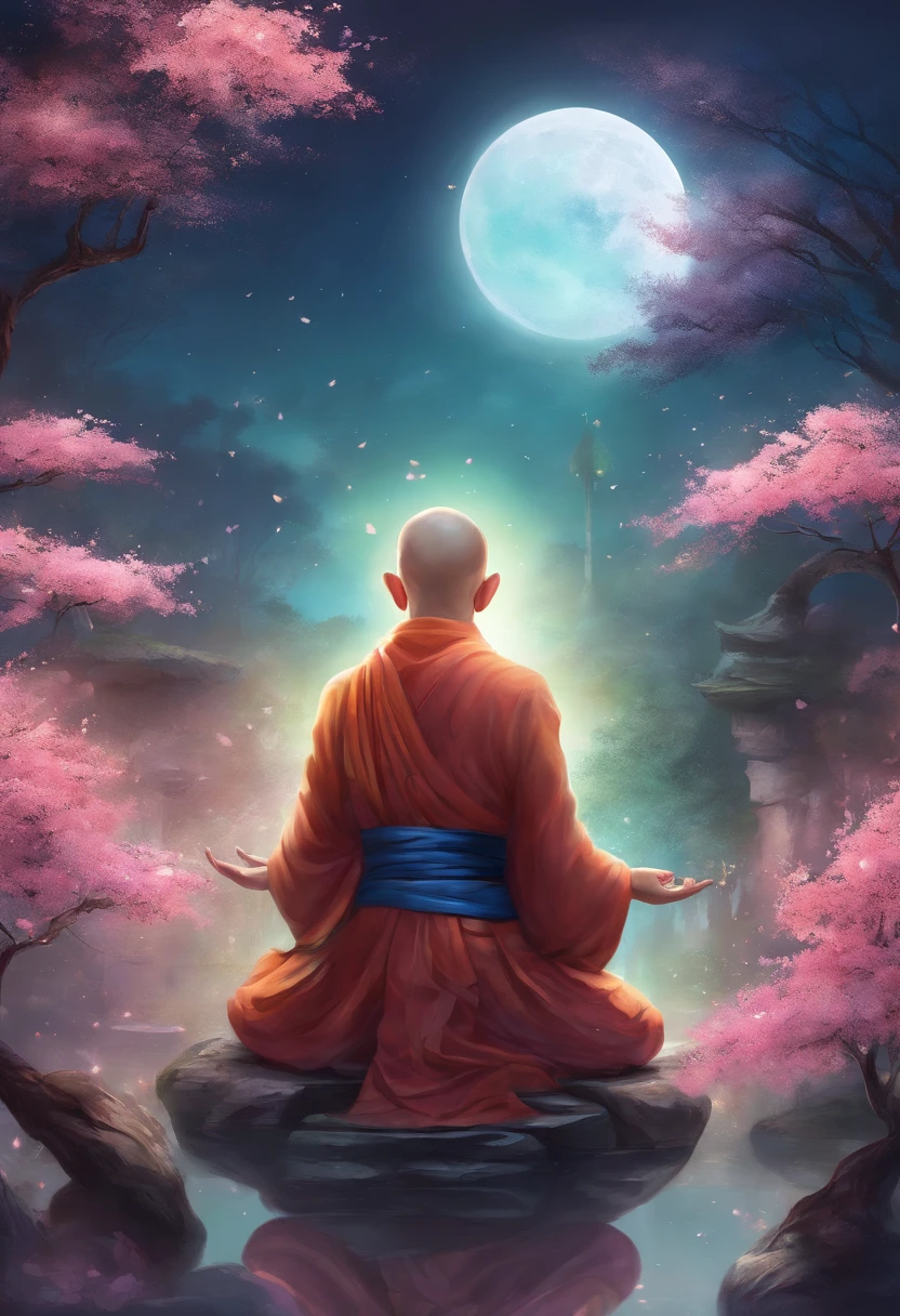 Illustration of a wise monk meditating, Cherry Blossom Garden at Night, Full moon and lotus, Full of serenity and wisdom,