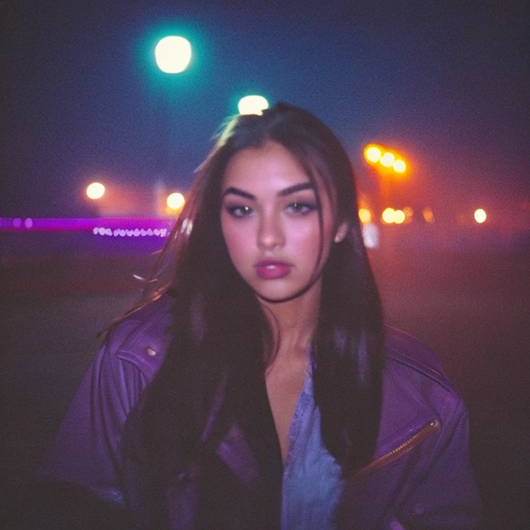 HD, high quality, city, analogic, film, nocturn, neon, lights, sexy female model, perfect face, fog, black and purple