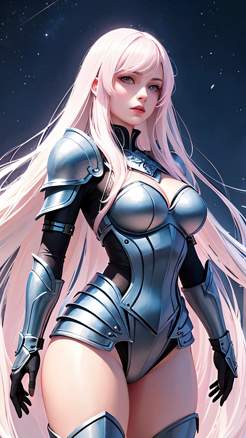 Realistic, High resolution, 1 female, Glowing Skin, alone, jewelry, Pink Lips, Long white hair, blue eyes, Mouth closed, Hip Up, fantasy armor