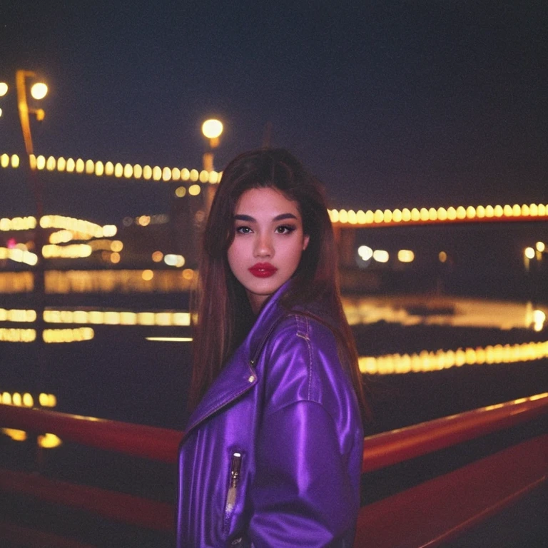 HD, high quality, city, analogic, film, nocturn, neon, lights, sexy female model, perfect face, fog, black and purple