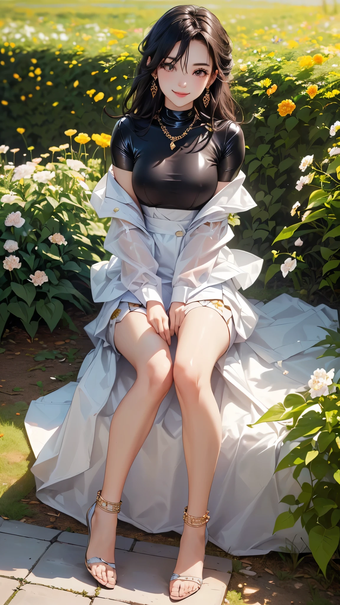 ((Biologically correct limb count))、((Full Body Shot, Full-body photo including face、Head to toe photos))、4K、masterpiece、((Focus on the face))、((Symmetrical facial features))、Eyes of meticulous depiction、Beautiful woman、Excellent style、Beautiful feet、(Black Stockings、High heels with anklets)、Facial detailing、Small earrings、necklace、((Close-up photo of the upper body))、(Latex shirts、Latex skirt)、Scenery of a park with seasonal flowers in full bloom、Low - Angle、(smile)、