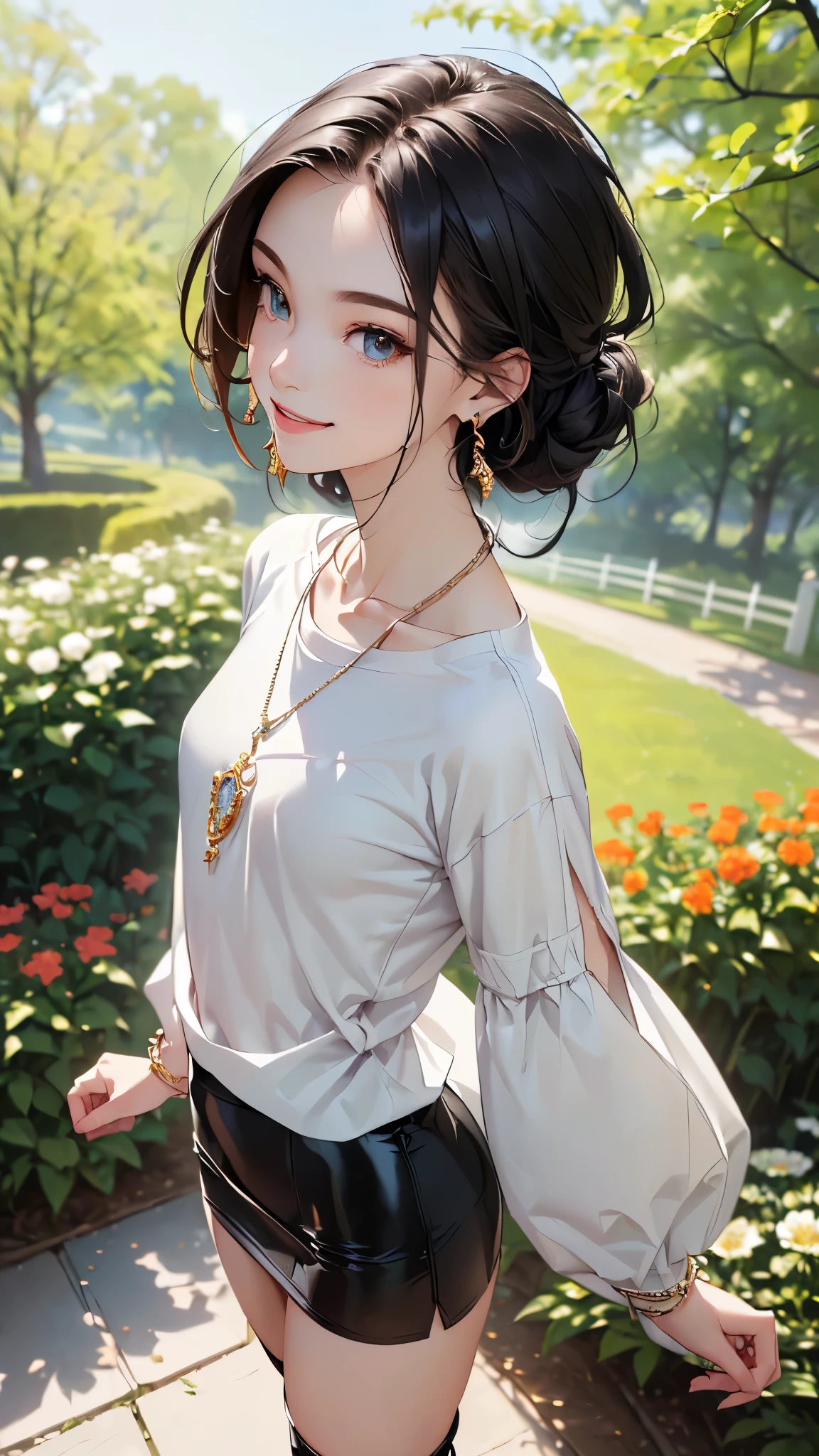 ((Biologically correct limb count))、((Full Body Shot, Full-body photo including face、Head to toe photos))、4K、masterpiece、((Focus on the face))、((Symmetrical facial features))、Eyes of meticulous depiction、Beautiful woman、Excellent style、Beautiful feet、(Black Stockings、High heels with anklets)、Facial detailing、Small earrings、necklace、((Close-up photo of the upper body))、(Latex shirts、Latex skirt)、Scenery of a park with seasonal flowers in full bloom、Low - Angle、(smile)、