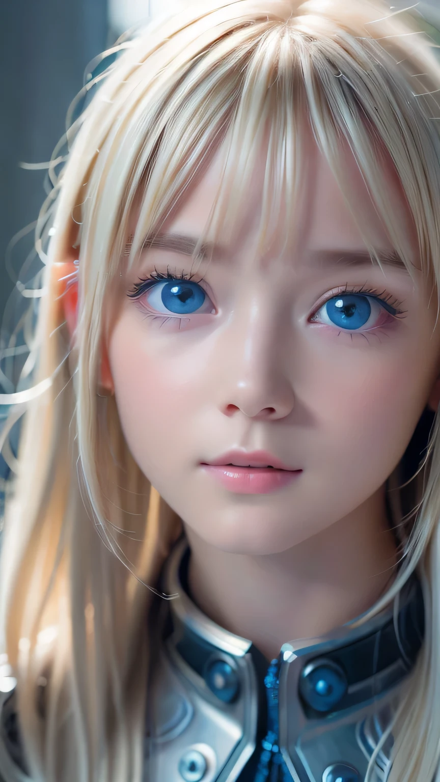 highest quality、8k Masterpiece、Ultra-high resolution、(Realistic:1.3)、RAW Photos、14 year old Scandinavian girl with shiny blonde hair、Silvery blonde hair、Super long straight hair、Bangs between the eyes、Bangs that cover the eyes、片Bangs that cover the eyes、Bangs between the eyes、White and glowing skin、1. Cyberpunk Super Beautiful Soldier、((Ultra-Realistic Details))、Portraiture、Global Illumination、Shadow Realm、Octane Rendering、8k、Ultra Sharp、Metal、Cool colors、、Very intricate detail、Realistic Light、Trends of the CG Association、so beautiful, Big bright blue eyes、Very big eyes、Eyes shining at the camera、Neon Details、Small Face Beauty、Round face、Cheek highlight