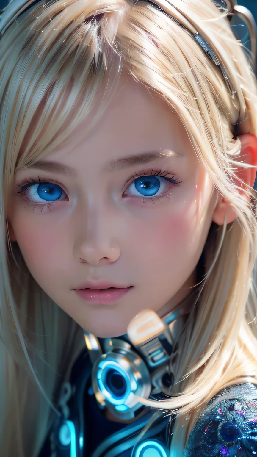 highest quality、8k Masterpiece、Ultra-high resolution、(Realistic:1.3)、RAW Photos、14 year old Scandinavian girl with shiny blonde hair、Silvery blonde hair、Super long straight hair、Bangs between the eyes、Bangs that cover the eyes、片Bangs that cover the eyes、Bangs between the eyes、White and glowing skin、1. Cyberpunk Super Beautiful Soldier、((Ultra-Realistic Details))、Portraiture、Global Illumination、Shadow Realm、Octane Rendering、8k、Ultra Sharp、Metal、Cool colors、、Very intricate detail、Realistic Light、Trends of the CG Association、so beautiful, Big bright blue eyes、Very big eyes、Eyes shining at the camera、Neon Details、Small Face Beauty、Round face、Cheek highlight