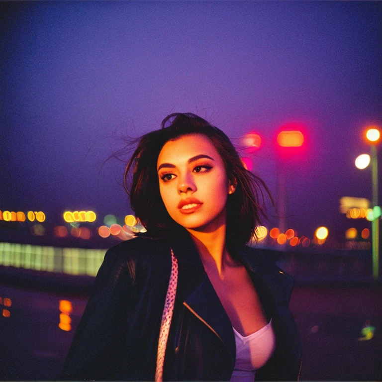 HD, high quality, city, analogic, film, nocturn, neon, lights, sexy female model, perfect face, fog, black and purple lighting