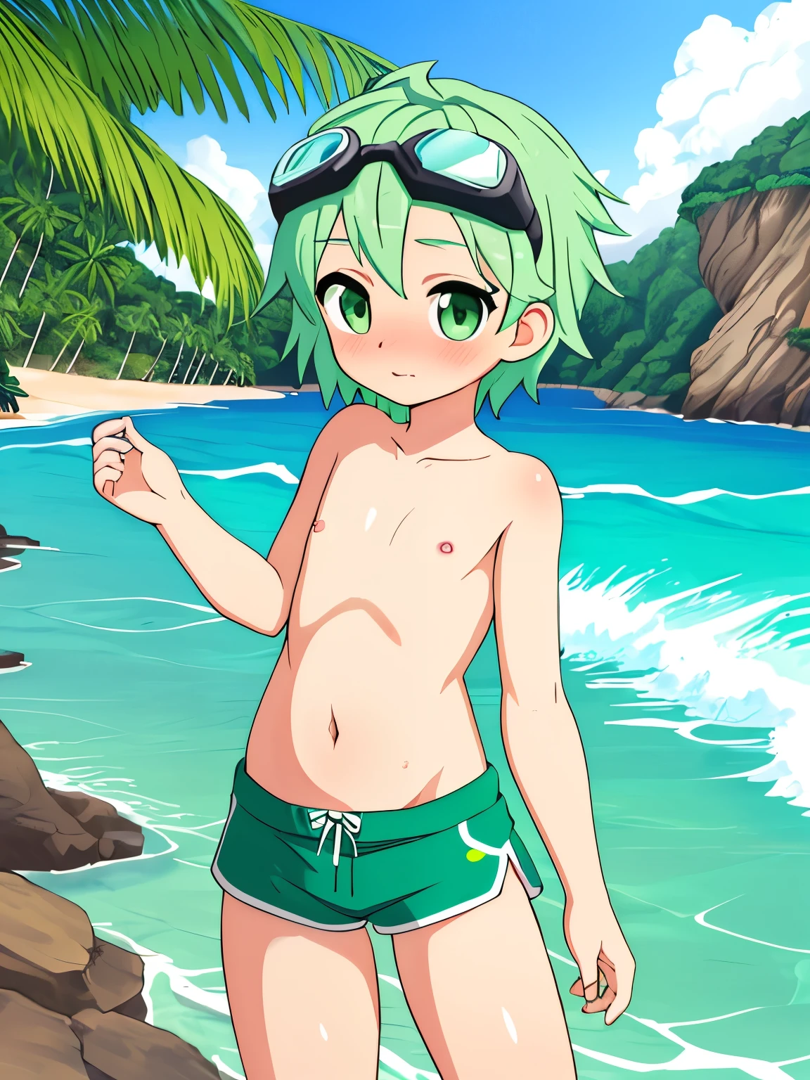 pretty girl, Dark green eyes, Turquoise surf shorts, Belly button, Flat Chest, white-green hair, short hair, Swimming Goggles, Put goggles on your head, Standing pose, coastal, Outdoor, highest quality, Great quality, so beautiful, naked, Embarrassed look