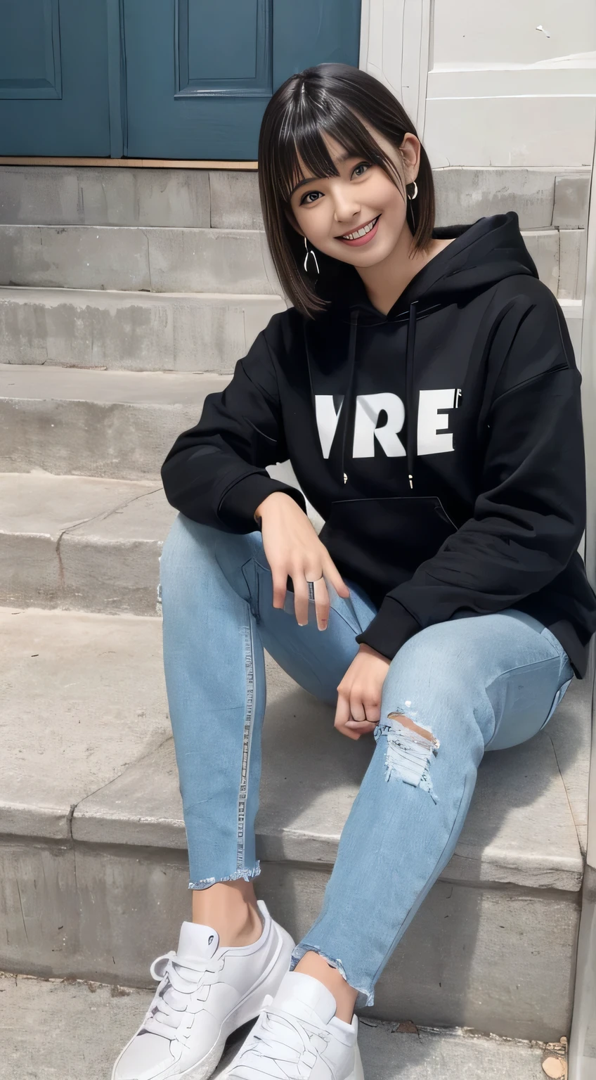 highest quality, Realistic, Very detailed, Finer details, High resolution, 8k wallpaper, One beautiful woman,Sit on the stairs、（Wear black socks）smile、（Beautiful teeth alignment、）（Gums are visible） Oversized hoodie, Skinny jeans,（ Black sneakers）、Black Hair、 Beautiful Bangs、ear piercing、Perfect dynamic composition, Beautiful and detailed, Full Body Shot, A big smile
