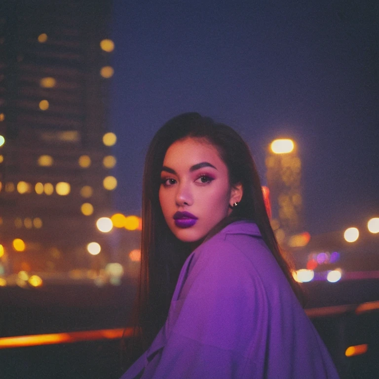 HD, high quality, city, analogic, film, nocturn, neon, lights, sexy female model, perfect face, fog, black and purple lighting