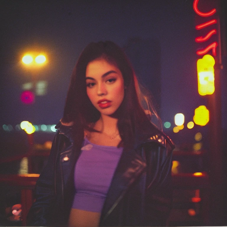 HD, high quality, city, analogic, film, nocturn, neon, lights, sexy female model, perfect face, fog, black and purple