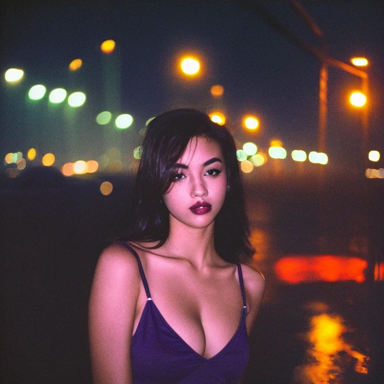 HD, high quality, city, analogic, film, nocturn, neon, lights, sexy female model, perfect face, fog, black and purple