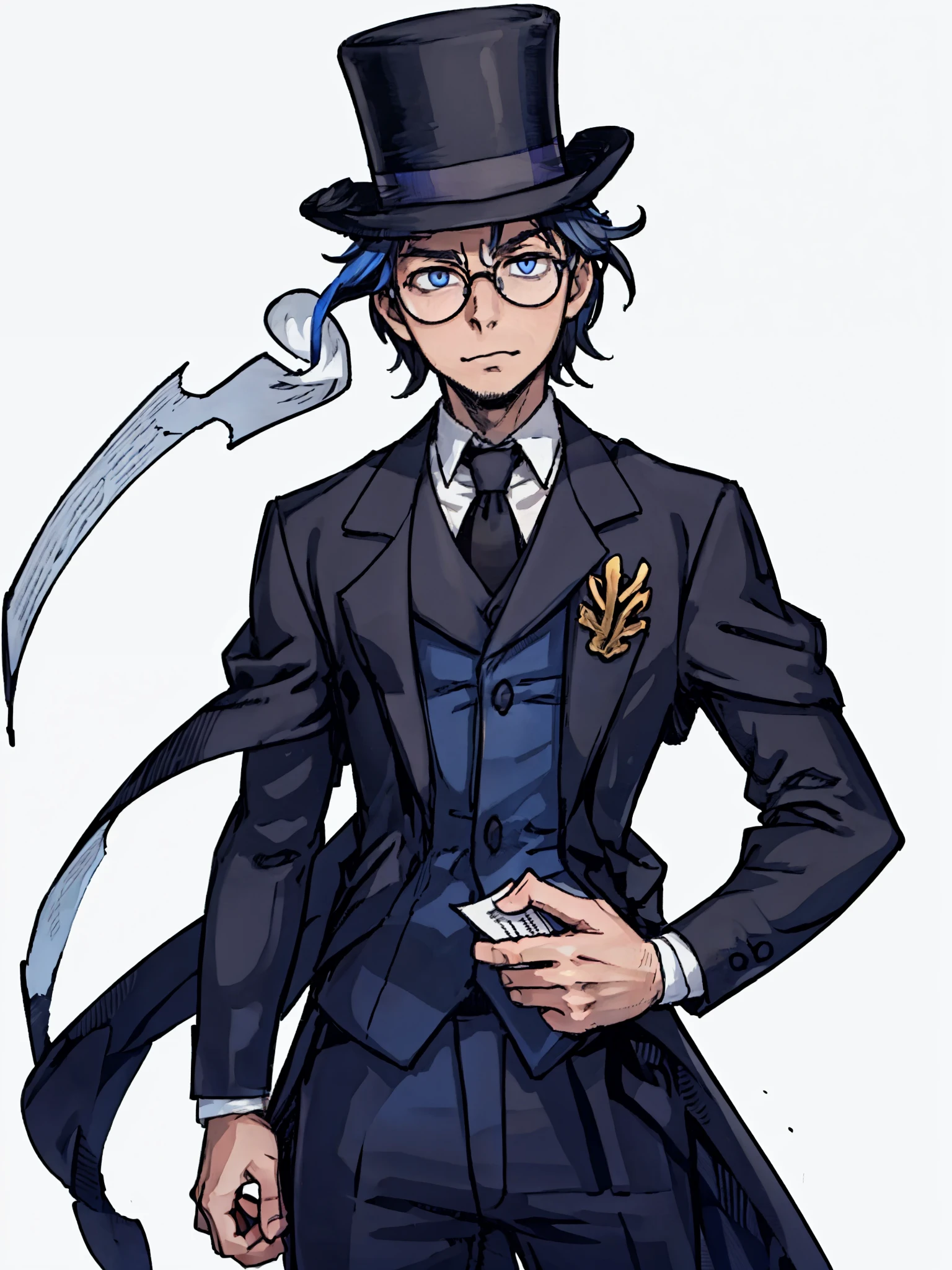 (A male lawyer,Glasses,Holding A4 paper document),front,(,(Half Body),(Black short hair),(Blue Suit),(British top hat)),White background