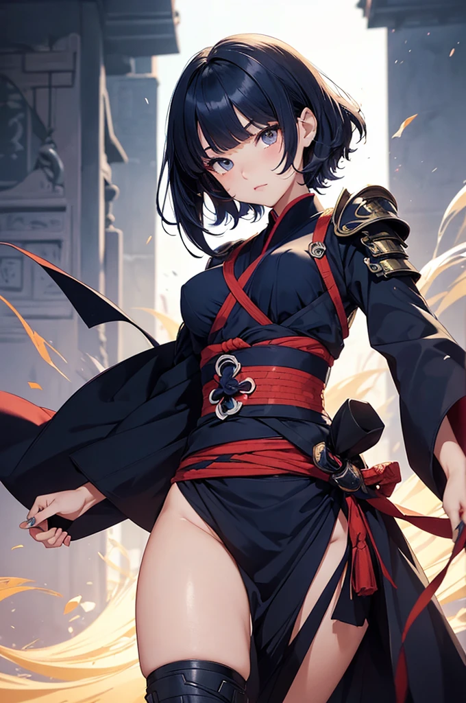 flat color,({Mia},1girl,tween,beautiful detailed face,(navy hair-color),(wavy-short hair),parallel eyebrows,navy eyes with large brown irises,blunt bangs,small nose, fresh lips,small chin,small breasts,small hip,(5feet tall)), BREAK Ninja armor,Psycho Power,Ukiyo-e style illustration,dynamic pose,beautiful lighting,