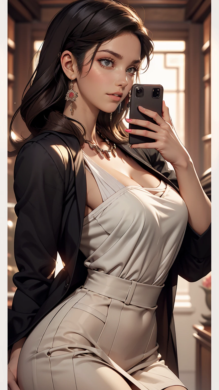 Arabian woman in a black shirt and black jacket, Portrait of Sophie Mudd, Young woman taking a selfie, Inspired by Tessa Thompson, Professional Makeup, Shine, profile image, Sexy face with full makeup, finely detailed perfect face, Sexy look, Perfectly lit face, HeadshotProfile picture, White skin, Ayahuasca, Brown Skin