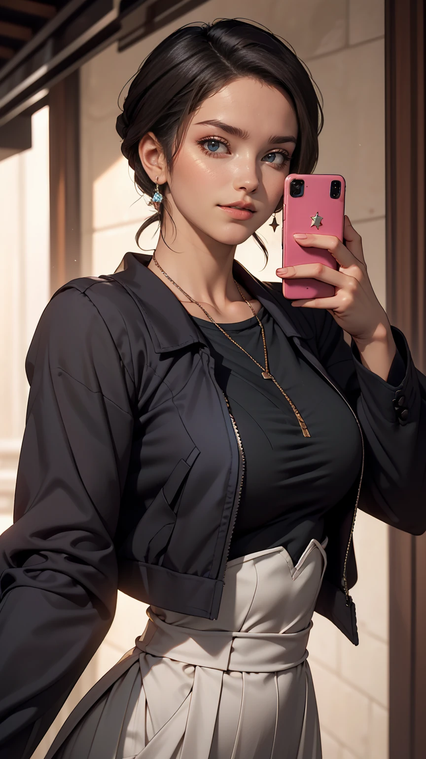 Arabian woman in a black shirt and black jacket, Portrait of Sophie Mudd, Young woman taking a selfie, Inspired by Tessa Thompson, Professional Makeup, Shine, profile image, Sexy face with full makeup, finely detailed perfect face, Sexy look, Perfectly lit face, HeadshotProfile picture, White skin, Ayahuasca, Brown Skin