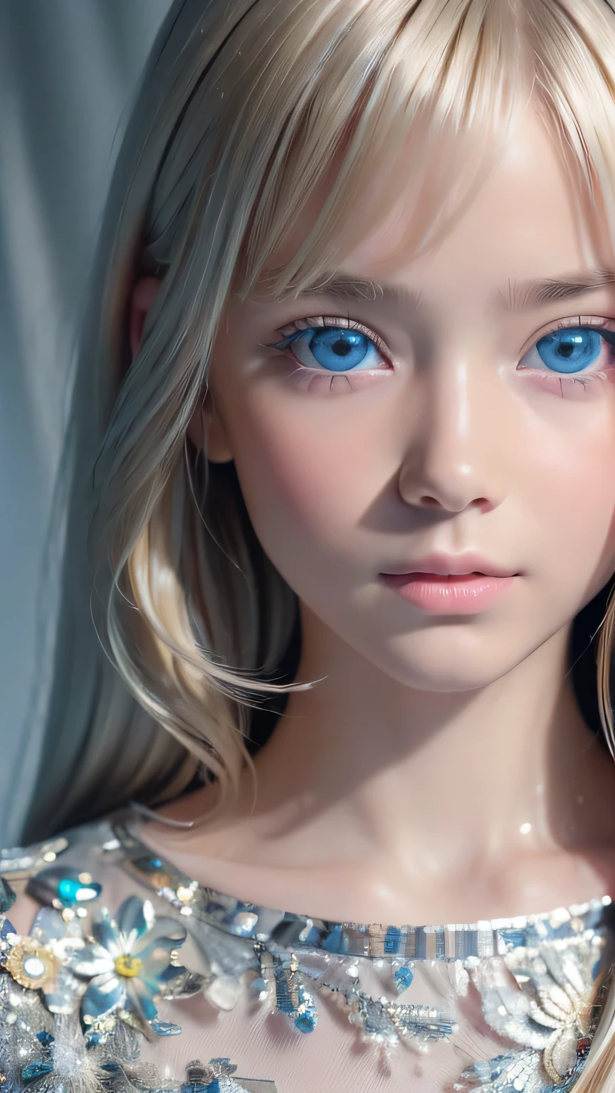 highest quality、8k Masterpiece、Ultra-high resolution、(Realistic:1.3)、RAW Photos、14 year old Scandinavian girl with shiny blonde hair、Silvery blonde hair、Super long straight hair、Bangs between the eyes、Bangs that cover the eyes、片Bangs that cover the eyes、Bangs between the eyes、White and glowing skin、1. Cyberpunk Super Beautiful Soldier、((Ultra-Realistic Details))、Portraiture、Global Illumination、Shadow Realm、Octane Rendering、8k、Ultra Sharp、Metal、Cool colors、、Very intricate detail、Realistic Light、Trends of the CG Association、so beautiful, Big bright blue eyes、Very big eyes、Eyes shining at the camera、Neon Details、Small Face Beauty、Round face、Cheek highlight