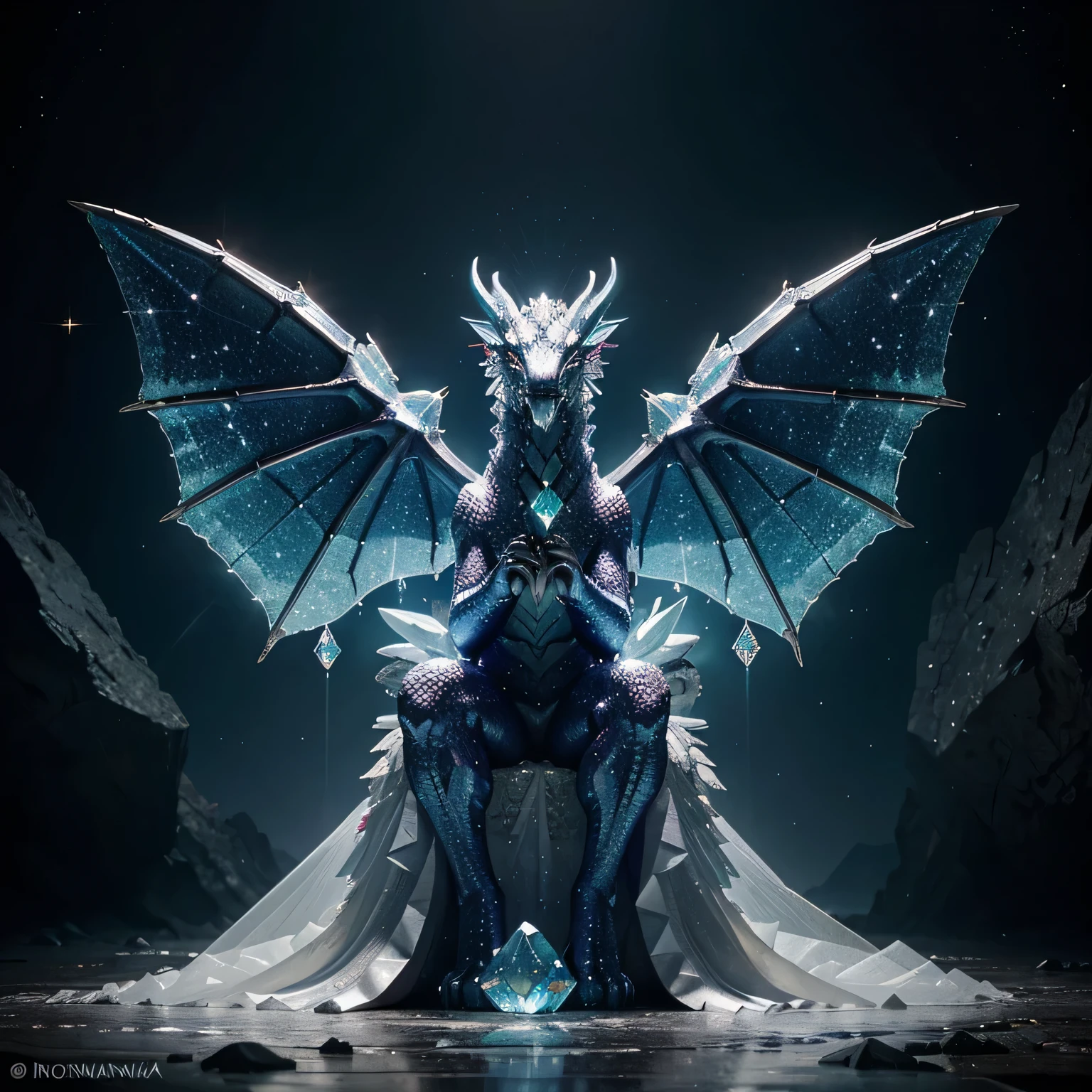 Imagine a unique creature, the 'Crystal Dragon', a fantastical animal species that dwells in the magical realm of Arkania. This majestic being is a blend of dragon and crystalline creature, with translucent wings that reflect the colors of the rainbow as they move. Its body is covered in shimmering scales that glow with their own light, as if made of pure crystal. Its eyes, a deep blue, radiate ancient wisdom.

The habitat of the Crystal Dragon is a surreal landscape, where mountain peaks reach the clouds and rivers of lava flow in streams of liquid crystal. In this environment, the air is infused with magic, creating an aura of mystery and wonder.

As it has evolved, the Crystal Dragon has developed unique abilities; it can unleash beams of crystalline light from its claws, which can heal or petrify its enemies. Its forked tail acts as a prism, refracting light and dazzling those who venture too close.

At the peaks of the mountains of Arkania, the Crystal Dragon resides in a palace carved from living rock, adorned with gleaming gems and crystal mosaics. Here, it sits upon its throne of quartz, guarding the secrets of ancient magic and protecting its realm from any external threat.

With its unique beauty and supernatural power, the Crystal Dragon represents the harmony between brute strength and the fragility of nature, being a revered legend among the inhabitants of Arkania and a source of inspiration for artists and daring adventurers alike