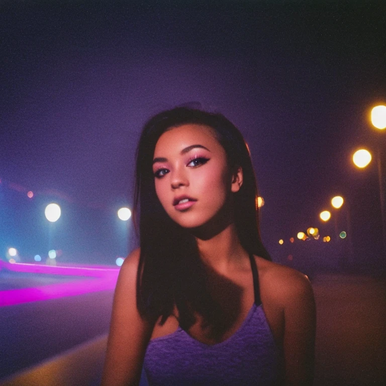 HD, high quality, city, analogic, film, nocturn, neon, lights, sexy female model, perfect face, fog, black and purple lighting