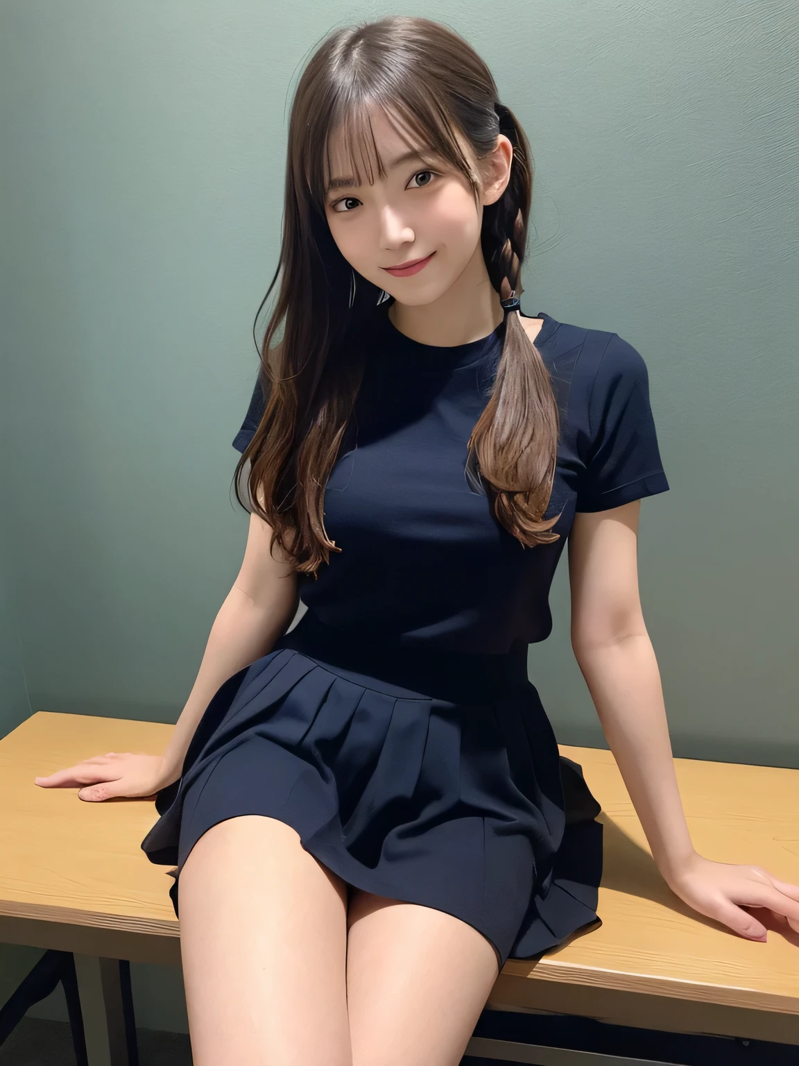 In detail,Full body photo、 One high school girl、High resolution, high quality、Slim body、Blonde、Perfect dynamic composition, Beautiful fine details, Twin tails、Natural color lip,Kamimei、16-year-old girl、Clear Skin、Yellow short-sleeved sailor suit、Red mini skirt、Thighs、Shiny Hair、最high quality, figure, Very detailed, In detail, High resolution, 8k、The correct state of the human body、Sculpture model pose，Dark blue walls,Sitting in a chair、Thighs are visible、smile、