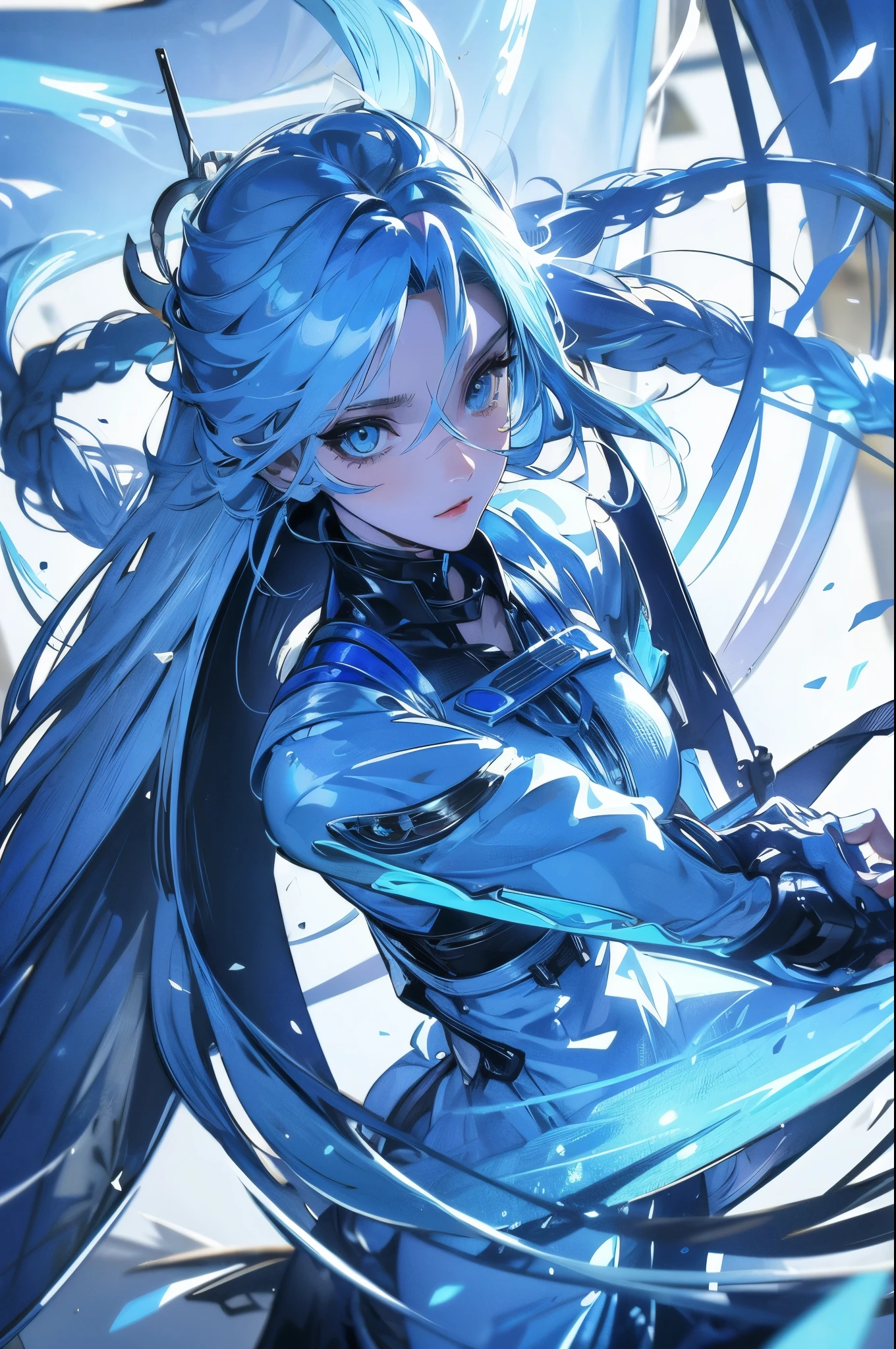 light blue mech girl, beautiful eyes, detailed body, high quality, detailed accurate hands, detailed eyes