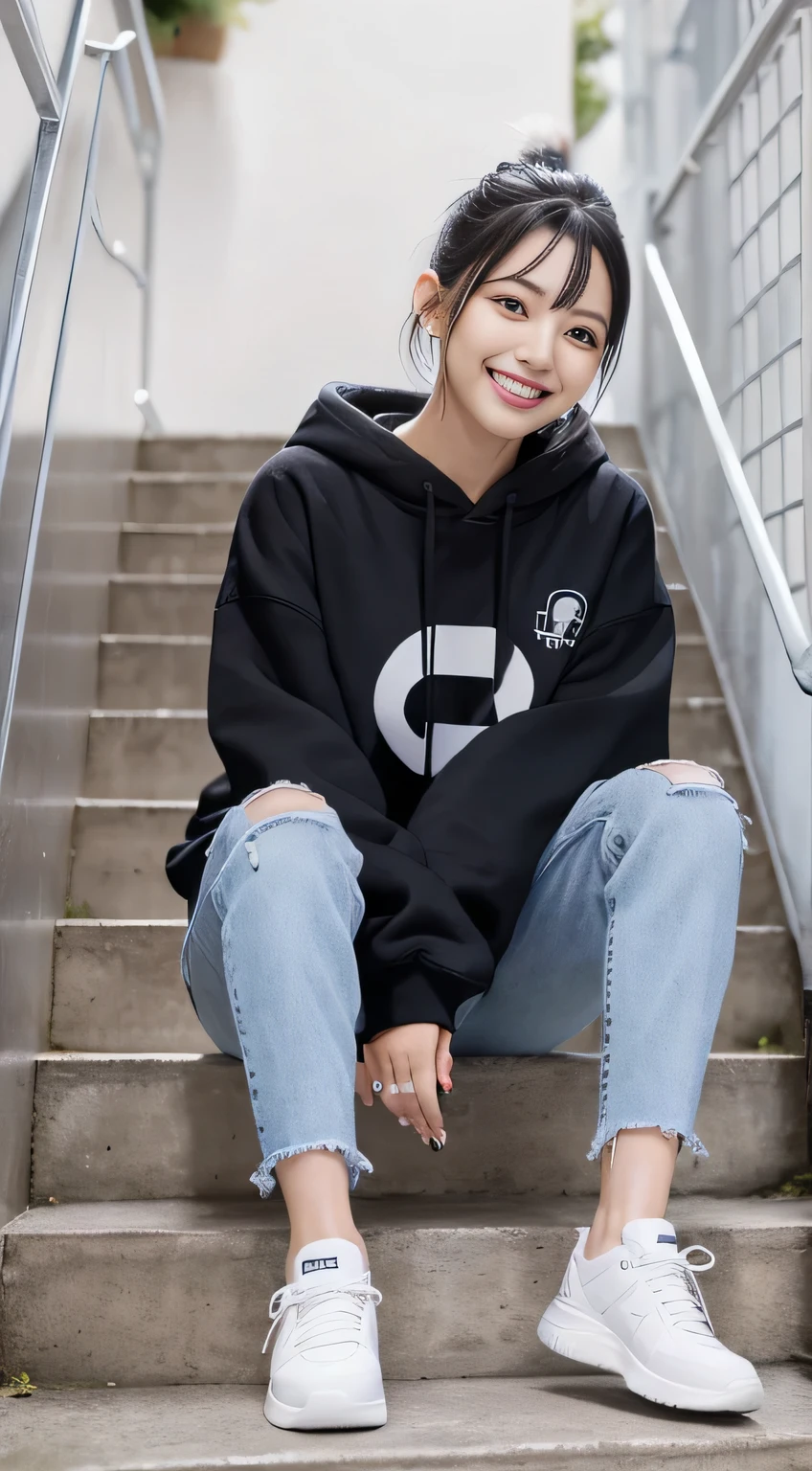 highest quality, Realistic, Very detailed, Finer details, High resolution, 8k wallpaper, One beautiful woman,Sit on the stairs、(Wear black socks)smile、(Beautiful teeth alignment、)(Gums are visible) Oversized hoodie, Skinny jeans,( Black sneakers)、Black Hair、 Beautiful Bangs、ear piercing、Perfect dynamic composition, Beautiful and detailed, Full Body Shot, A big smile
