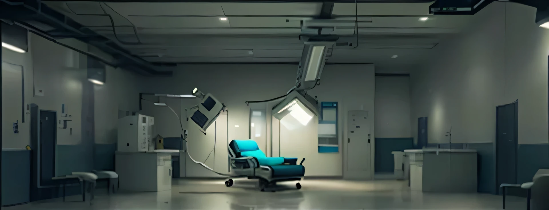 There was a chair in the room，lights on, Medical lighting, Hospital background, Hospital lighting, Operating Room, Operating Room, Hospital, Operating table, Science Fiction horror setting, Hospital room, resident evil virus concept art, Hospital interior, Hospital!, Dramatic Lighting. concept art, Hospital ward, photorrealistic concept art, Science Fiction, Dramatic Lighting sci fi, Sterile background