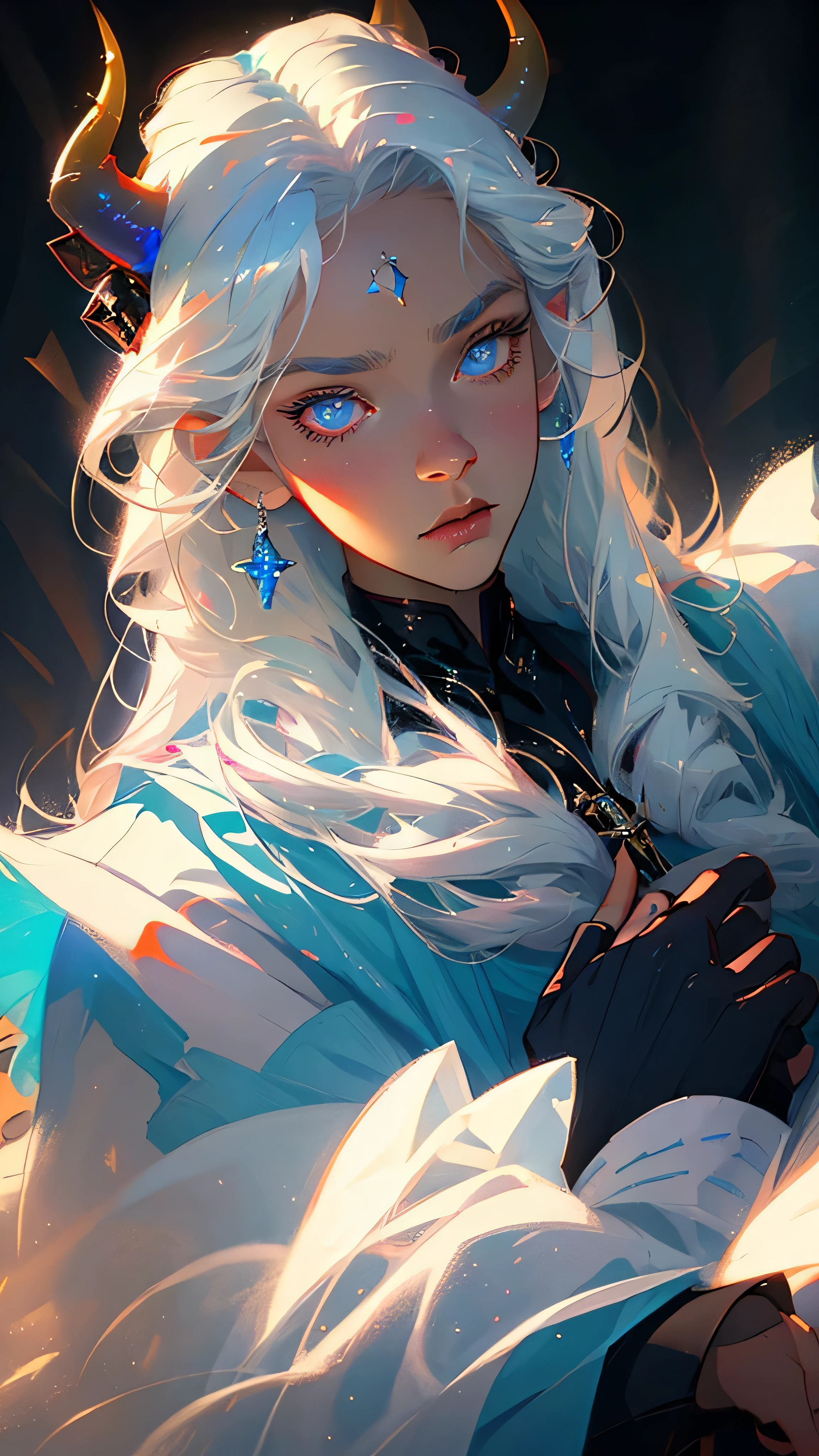 perfect masterpiece, best quality, Perfect work of art, 8k, illustration, Soft light blue fur, white hair, Black pupil, Demon horn, 2 horns, blue eyes, (Boys, male, juvenile), Half-length photo, Staring at the audience.