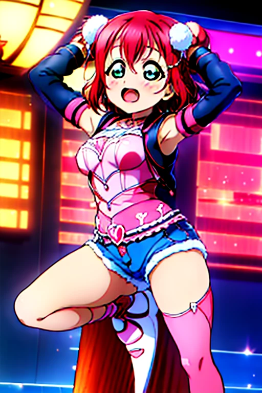 masterpiece, best quality, ultra-detailed, kawaii, cute, lovely, sexy, ero, extremely detailed, 4K, 8K, best quality, beautiful, anime style, laboratory, Kurosawa Ruby, love live!, beautiful eyes, large breast, tattoo, cool, (leather jacket,naughty expression,denim shorts,spread legs,arms behind head),miko