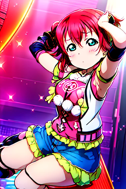 masterpiece, best quality, ultra-detailed, kawaii, cute, lovely, sexy, ero, extremely detailed, 4K, 8K, best quality, beautiful, anime style, laboratory, Kurosawa Ruby, love live!, beautiful eyes, large breast, tattoo, cool, (leather jacket,naughty expression,denim shorts,spread legs,arms behind head),miko