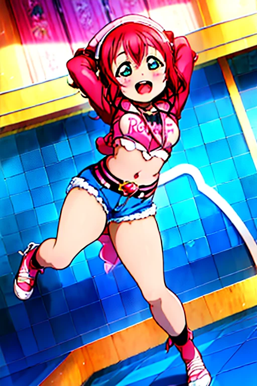 masterpiece, best quality, ultra-detailed, kawaii, cute, lovely, sexy, ero, extremely detailed, 4K, 8K, best quality, beautiful, anime style, laboratory, Kurosawa Ruby, love live!, beautiful eyes, large breast, tattoo, cool, (leather jacket,naughty expression,denim shorts,spread legs,arms behind head),miko